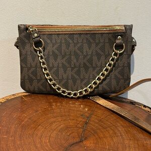 Michael Kors Belt Bag Brown Logo Gold Accents large 8”x5” Chain